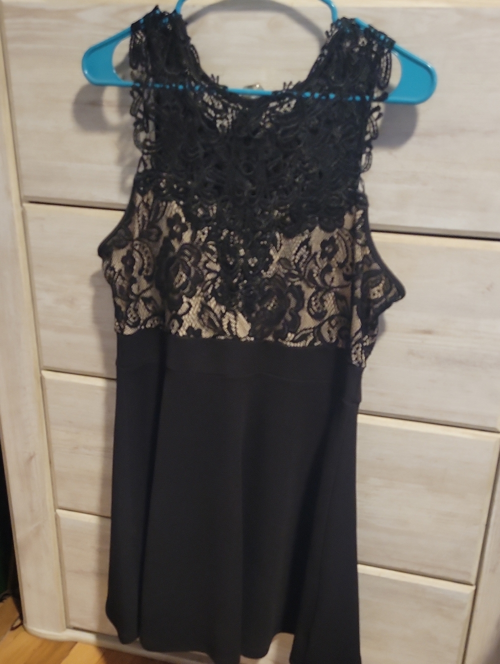 Privileged Black Lace-Overlay Mini Dress with Nude Lining